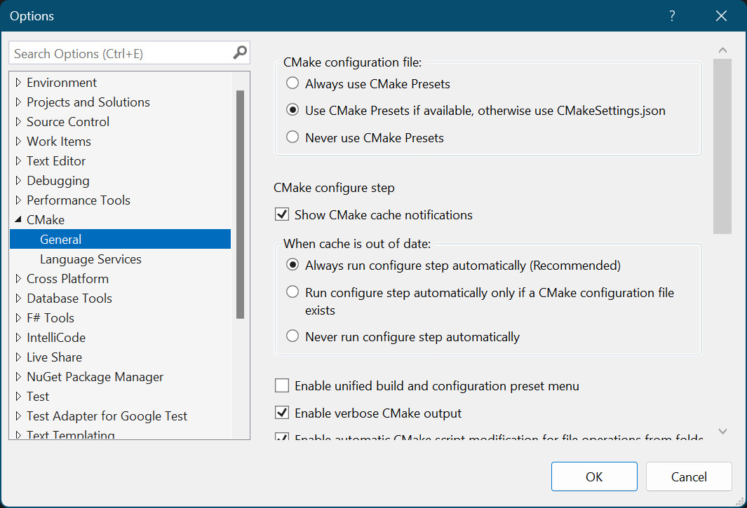 Visual Studio CMake Options